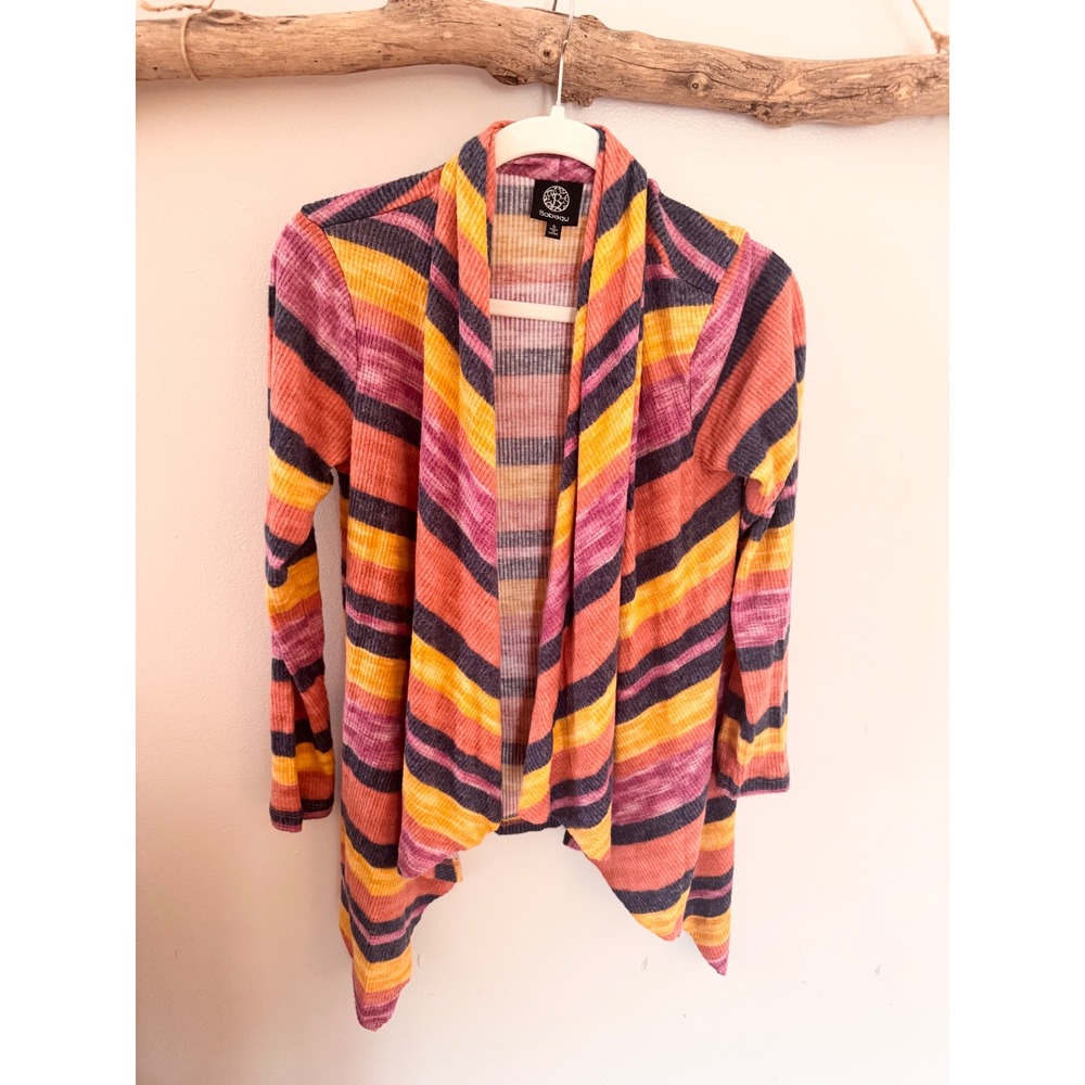 Bobeau Womens Striped Open Front Cardigan Orange Purple Yellow Ribbed Knit Small